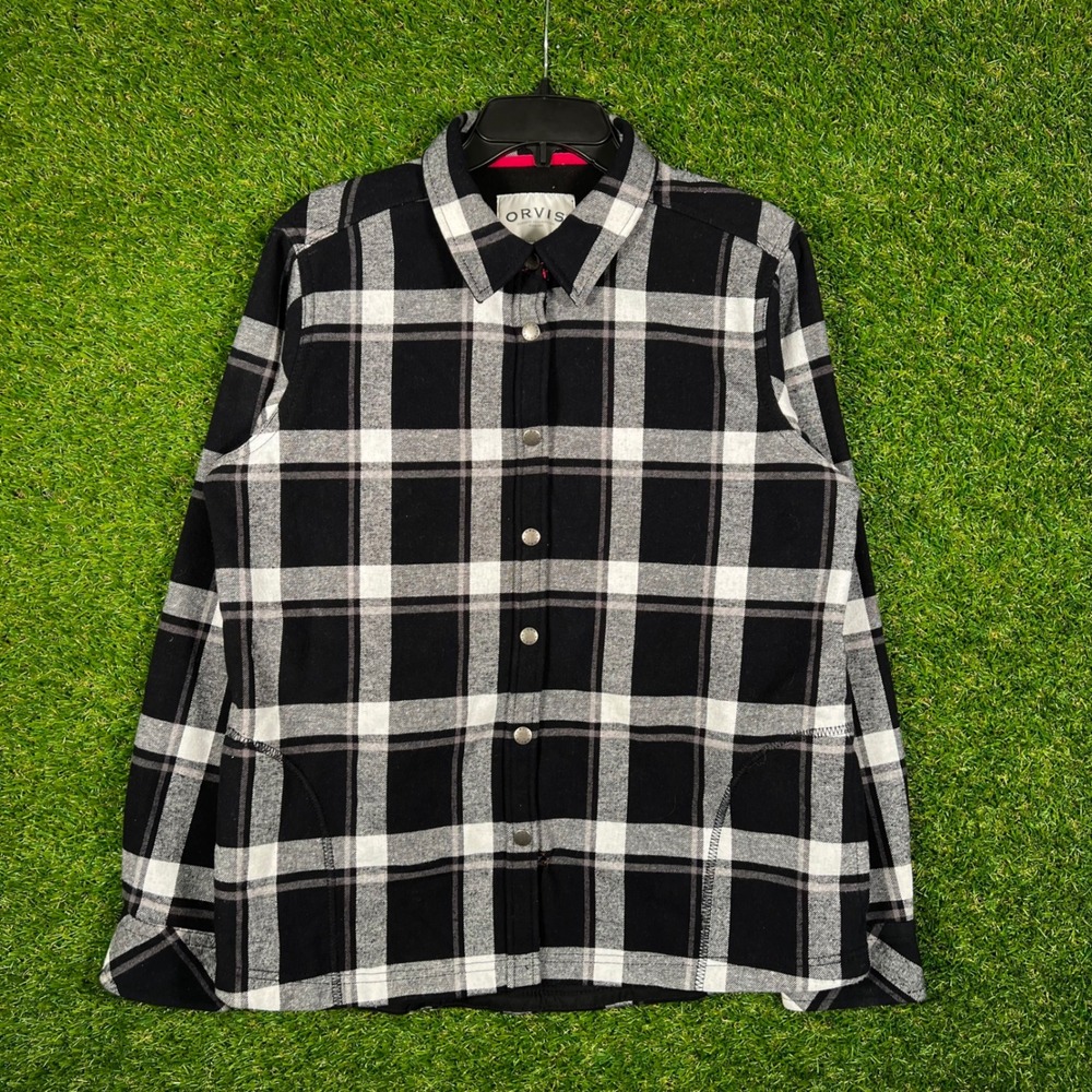 Orvis Classic Mens Large Fleece Lined Plaid Flannel Shirt Jacket Black